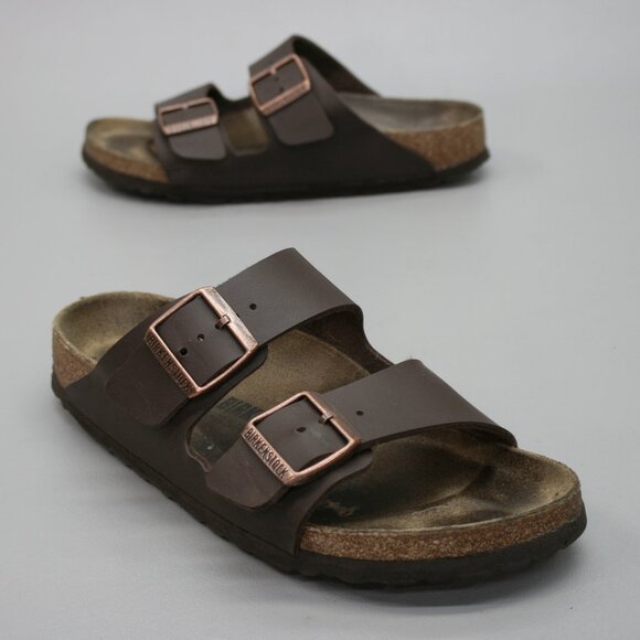 Birkenstock 39 Ladies 8 N Narrow Arizona Brown Birko-flor 2-strap Mules Sandals - Picture 1 of 12